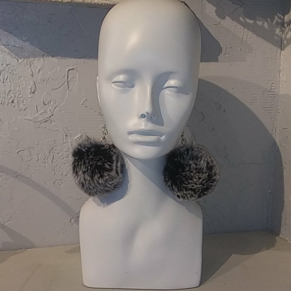 Big Grey Black Fluffy Puff Pom Pom Dangle Earrings